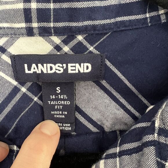 Lands End Mens Traditional Fit Shirt Stretch Blue White Plaid Pockets Size Small - Picture 2 of 9